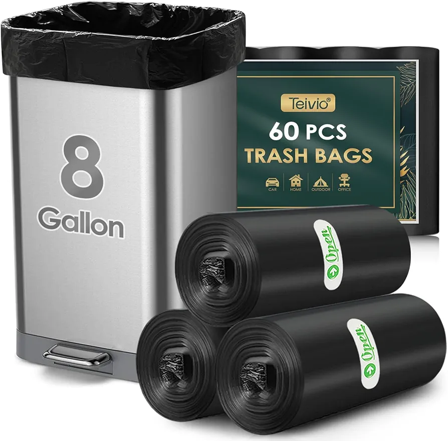 8 Gallon 60 Counts Strong Trash Bags Garbage Bags by Teivio, Bathroom Trash Can Bin Liners, Medium Plastic Bags for home office kitchen, Black