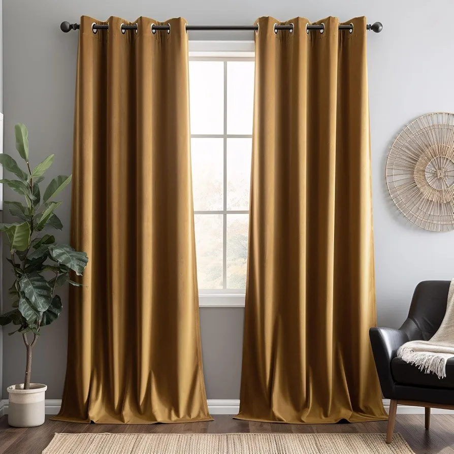 Gold Brown Velvet Curtains 84 inches 2 Panels Set, Super Soft Grommet Curtains for Living Room Noise Reducing Room Darkening Luxury Velvet Curtains for Bedroom Decor W52 x L84 inches