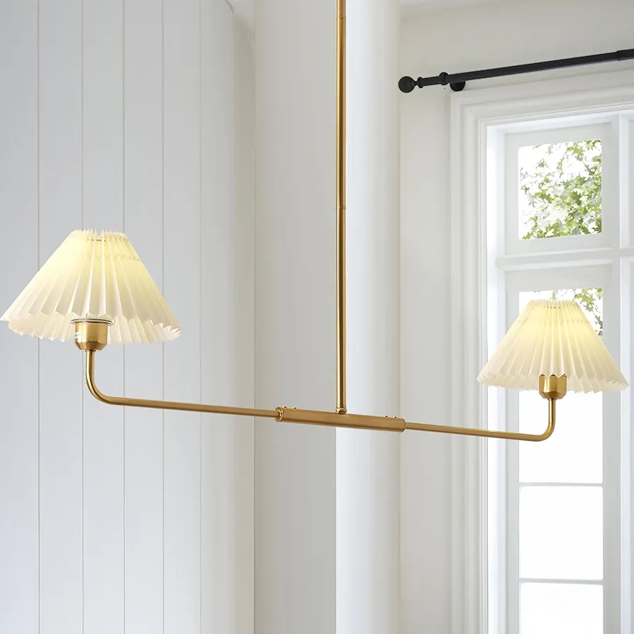 Modern Linear Chandeliers for Dining Room,2 Light Gold Linear Light Fixture with White Pleated Fabric Shade,Traditional Linear Pendant Lights for Kitchen Island,Restaurant,Living Room