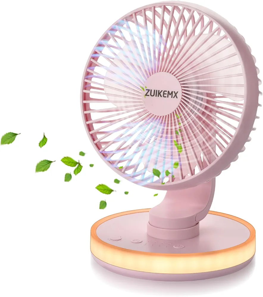 Portable Desk Fan with Circular LED Lights, 4 Speeds, 90° Rotation Adjustable Oscillating Fan, 4000mAh Rechargeable Fan, Battery Powered Quiet Personal Fan for Home Office, Detachable Cleaning (Pink)