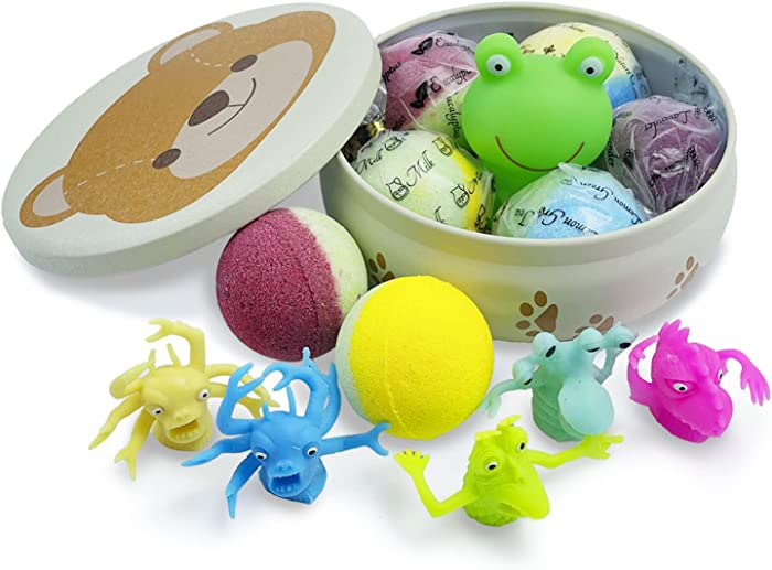 5+1 Tin Box Bath Bomb Gift Set, Natural & Organic Bath Fizzy Bomb with Croaking Floating Frog and Finger Toys, Colorful Moisturizing Relaxing Bath Spa, Perfect Self Care Kids Gift Set, Birthday Gift