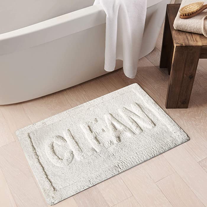 Elrene Home Fashions Clean Tufted Word Novelty Soft Plush Absorbent Mat/Rug for Bath Tub, Shower, Vanity, or Sink, White