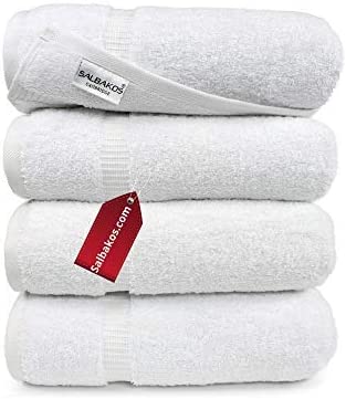 SALBAKOS Organic Turkish Cotton Hotel Bath Towel, 700 GSM, 27 by 54 Inch, Pack of 4, White