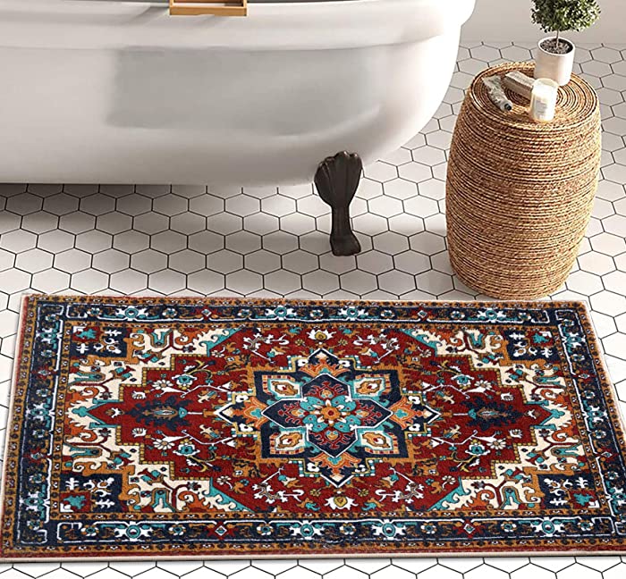 YoKii Southwest Persian Oriental Bathroom Rug Shaggy Soft Faux Wool Rubber Backing Non-Slip Bath Mat Boho Vintage Tribal Traditional Shag Bath Rugs Floral Medallion Washable (Red, 16 x 24)