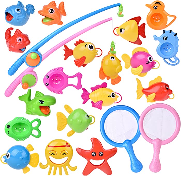 FUN LITTLE TOYS 22 PCs Bath Toys for Toddlers, Outdoor Toys Fishing Game Playset with Fishing Rod Fishing Net, Water Toys Pool Toys for Easter Gifts