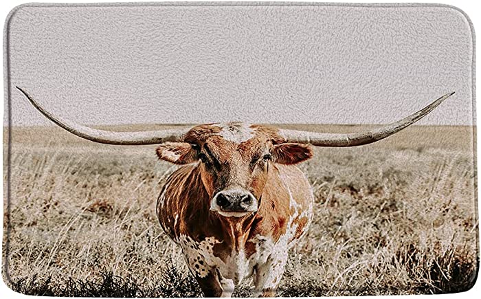 Longhorns Cow Bath Mat Longhorn Texas Steer Western Farm Animal Cute Bull Grassland Rustic Farmhouse Country Bathroom Mat Rug Memory Foam Carpet Doormat(18x30 Inch)