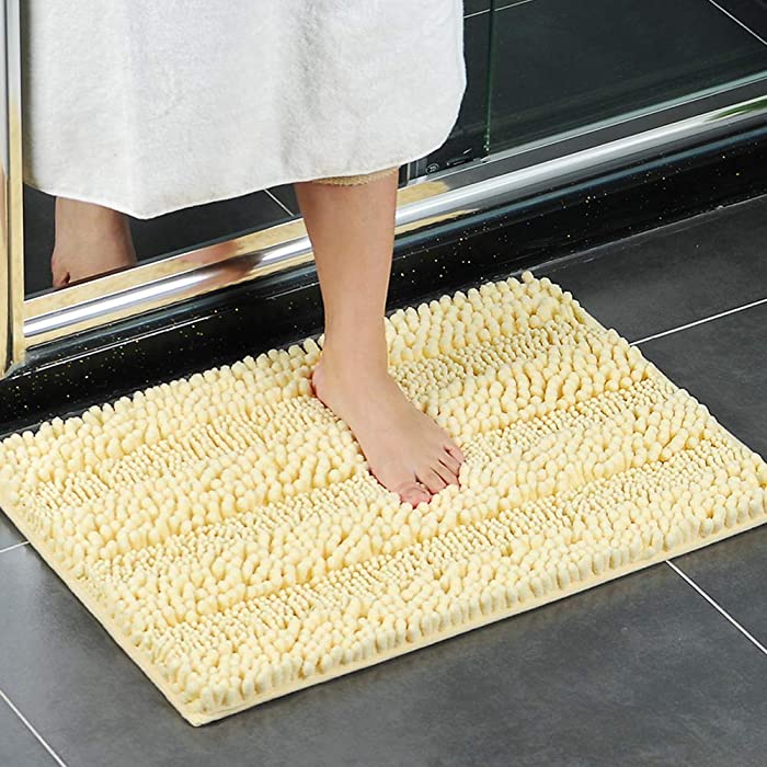 XIYUNTE Small Bath Mat Non Slip - 17 x 25(43 x 63cm) Lemon Chenille Bathroom Rugs, Soft and Absorbent Shaggy Carpet Rugs for Bathroom, Living Room, Machine Washable Door Mats (Light Yellow)