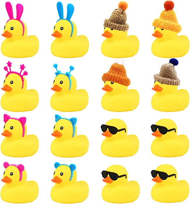 16 Pcs Yellow Rubber Ducks with 16 Pcs Sunglasses Headband Knitting Hats Bathtub Toys Tiny Baby Shower Rubber Ducks for Jeep Ducking, Shower, Birthday Party, Carnival Game Gift, Random Color