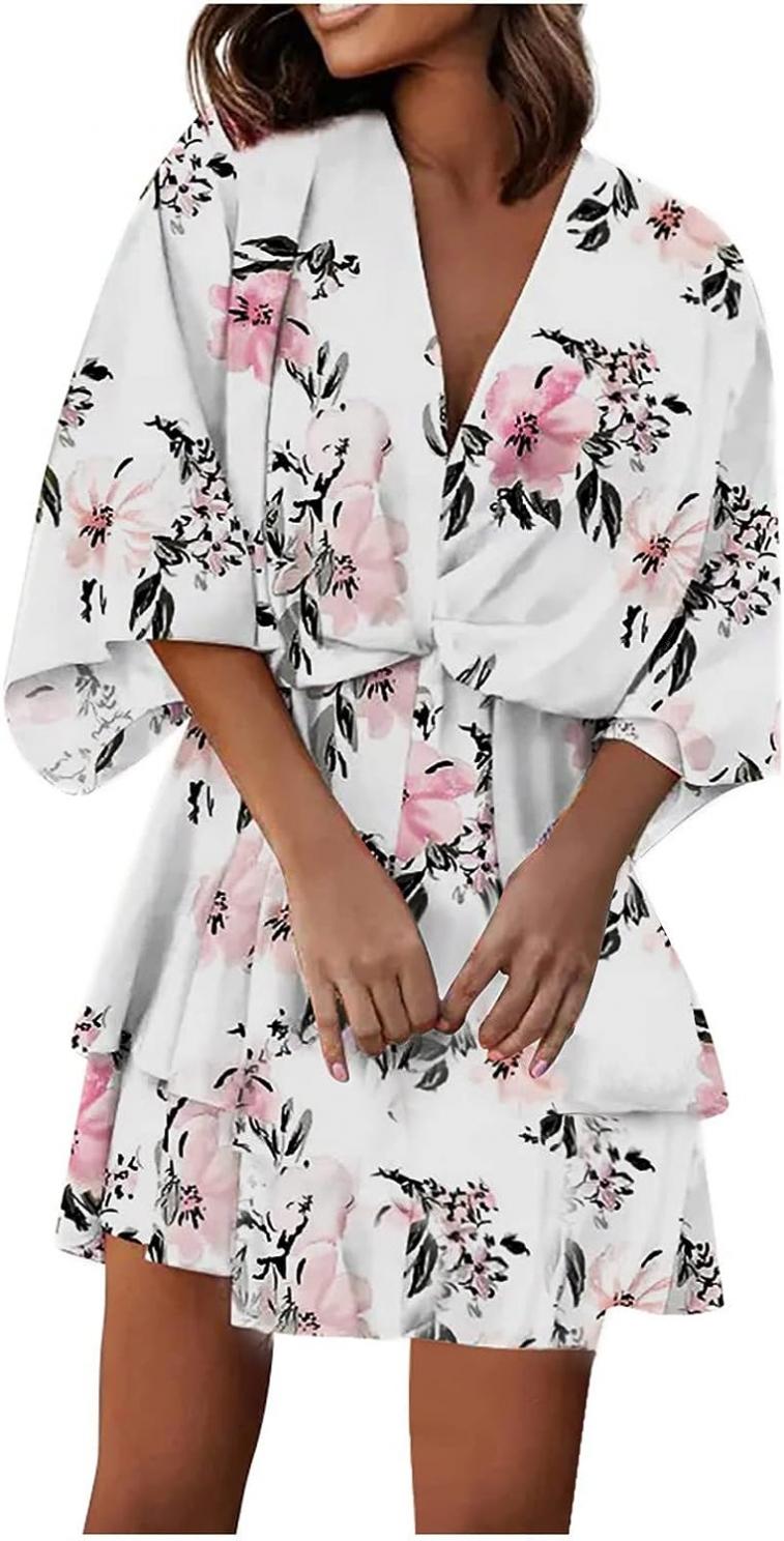 Women's Plus Size Sun Dress Waist Printed Dress Mini V Neck Doll Sleeves Print Dress Skirt Cute Dresses