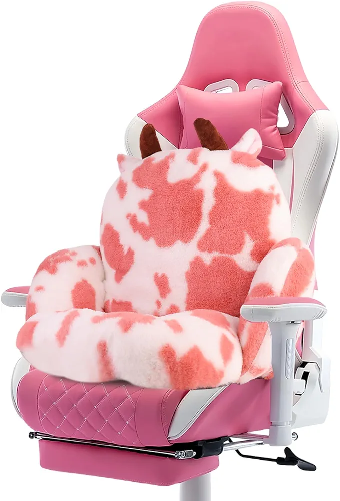 Chair Cushion Cow Gaming Chair Cushions Comfy Cute Seat Cushion,Pink Kawaii Chair Cushion for Gamer Girl Woker Gifts,Office Chair Cushion with Backrest Non-Slip,Kawaii Stuff for Room