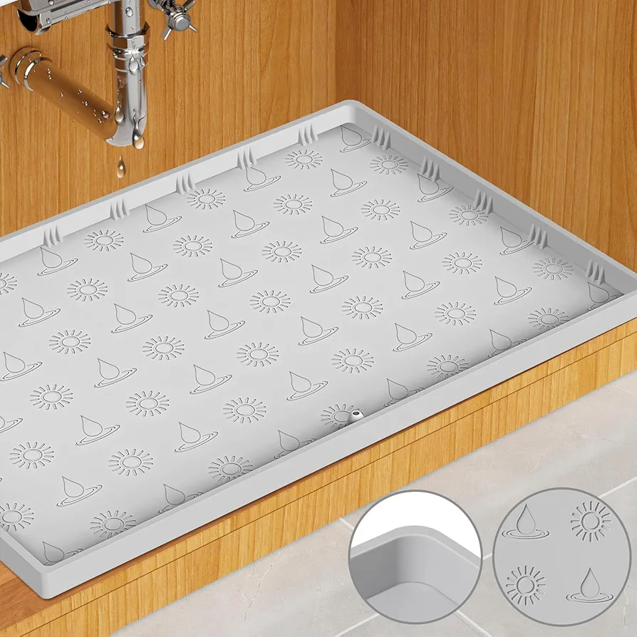 Under Sink Mat - 34" X 22" Kitchen Waterproof Under Shelf Liner Bathroom Organizer Drip Tray Non-Slip Silicone Cabinets Mat Light Gray