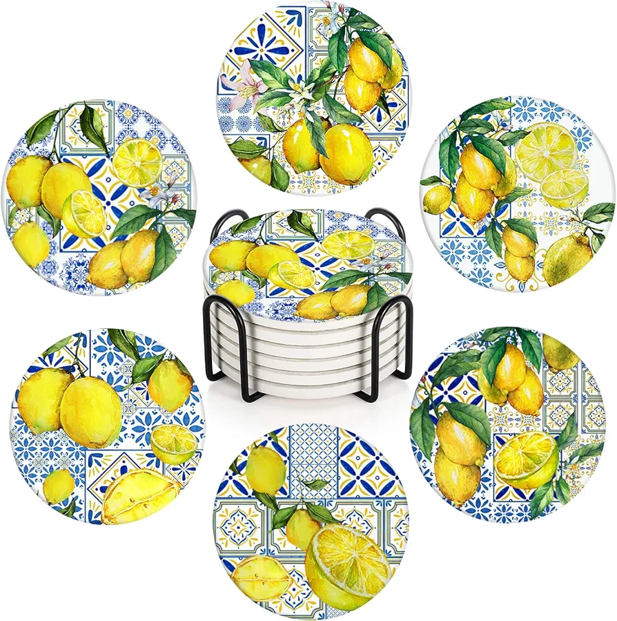 Coaster for Drinks Set of 6, Lemons Leaves Flower Italian Fruit Absorbent Round Ceramic Stone Mat, with Cork Base and Metal Holder, Gift for Housewarming Room Bar Decor