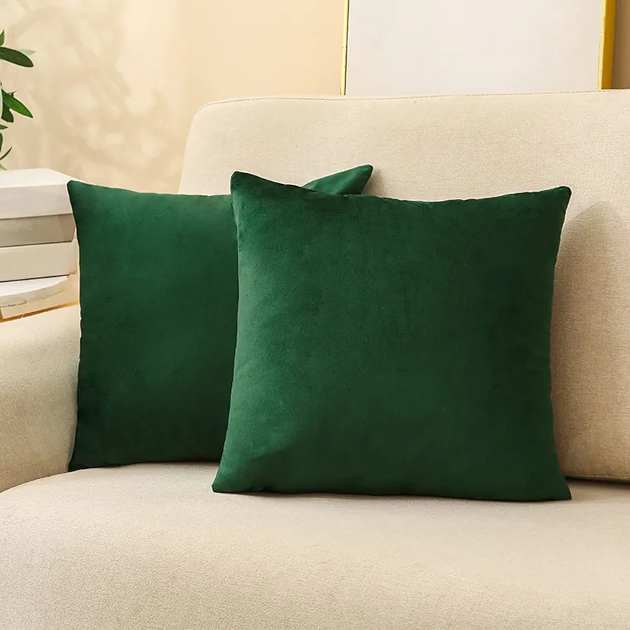 Velvet Throw Pillow Covers, Christmas Decorative Square Pillowcase, Soft Solid Cushion Covers for Sofa Couch Living Room Bedroom(Emerald Green, 18 x 18 Inches, 2-Pack)