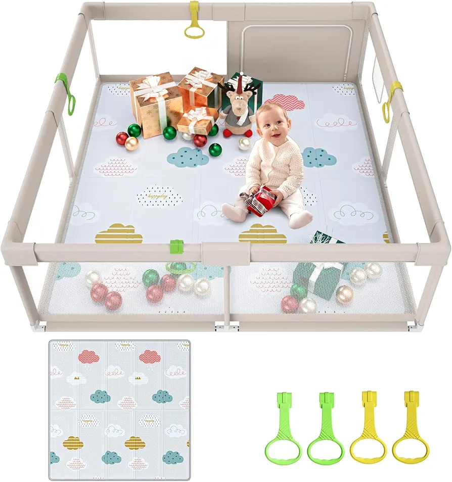 Baby Playpen with Mat, 59x59inch Playpen for Babies and Toddlers, Kids Play Pen, Extra Large Baby Playpen,Baby Fence,Big Playpen for Infants with Gate,Playard for Baby