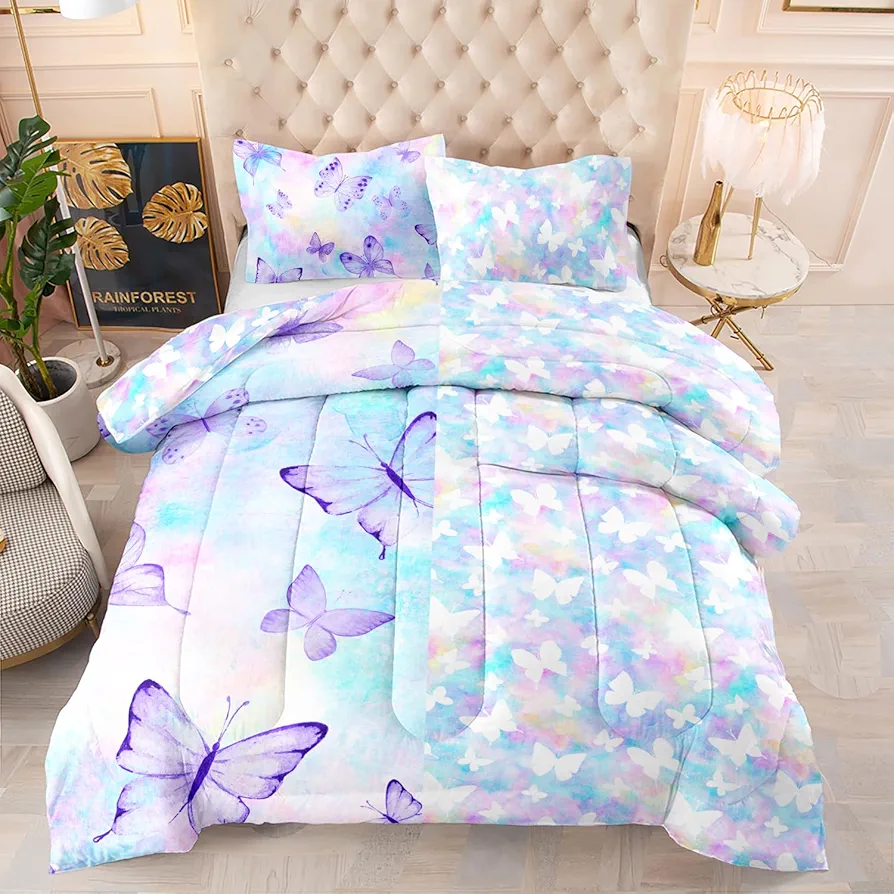 CVHOUSE Butterfly Reversible Comforter Set,Rainbow Butterfly Bedding Set for Girls Kids Teens,Tie Dye Butterflies Comforter Butterflies Duvet Set Room Decor Quilt Set Queen Size