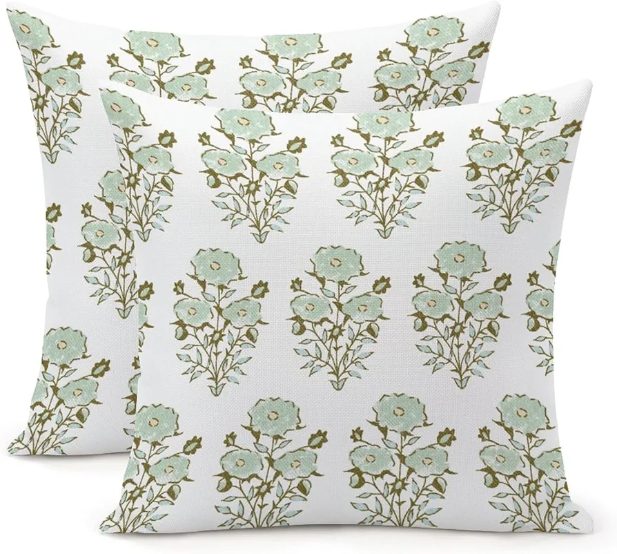 Light Green Flower Pillow Cover Set of 2 Asian Chinese Pillow Case 18x18in Decorative Pillow Home Cotton Linen Traditional Square Cushion Cover for Bedroom Living Room Couch Bed