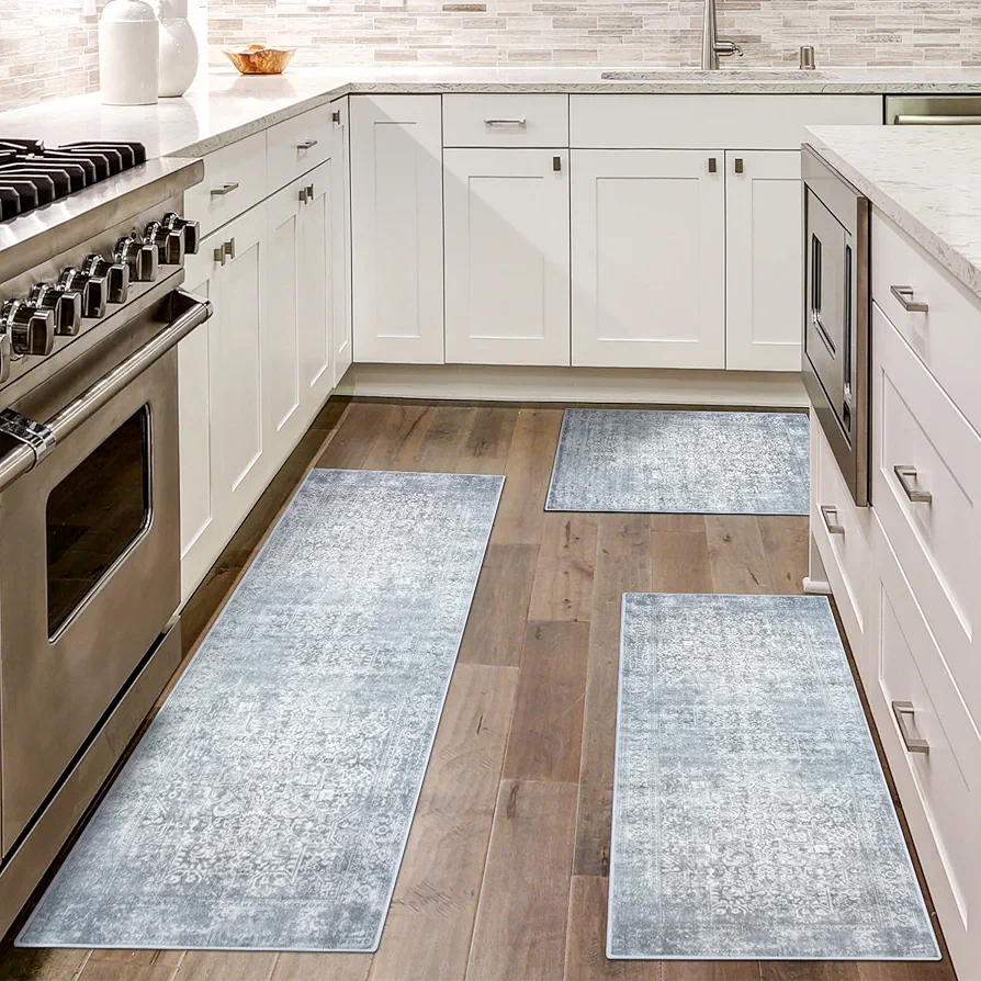 Kitchen Rugs Sets of 3 Boho Kitchen Rugs and Mats Non Slip Washable Rugs Set for Kitchen Laundry Room Entryway Light Grey