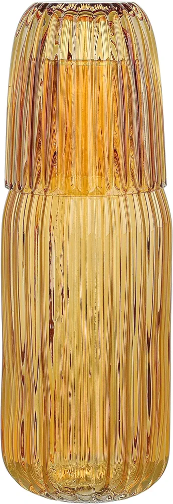 elle decor Ribbed Bedside Water Carafe with Tumbler Set | Ribbed Glass Pitcher and Matching Drinking Glass Doubles as Lid | 39-Ounce Jug for Guest Room, Office, or Gift | 4” x 9.5” (Amber)