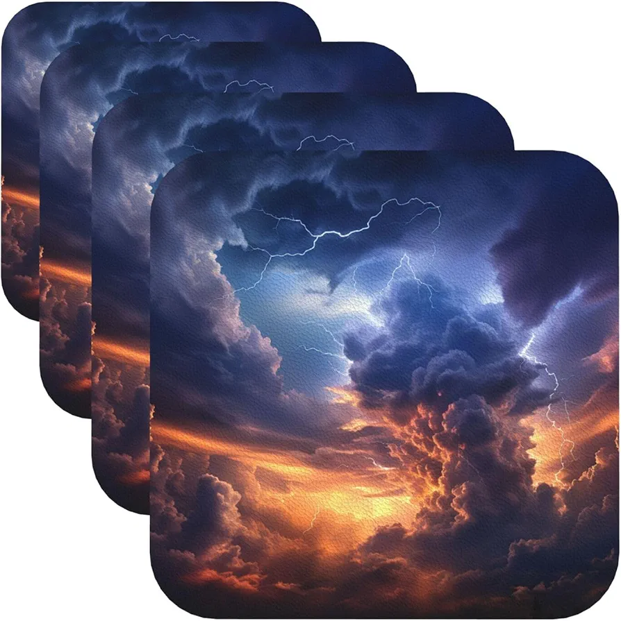 Drink Coasters with Holder Clouds and lightning Leather Coasters Round Coaster for Drinks Tabletop Protection Cup Mat Decorate Cup pad for Coffee Table Kitchen Dining Room Bar Decor