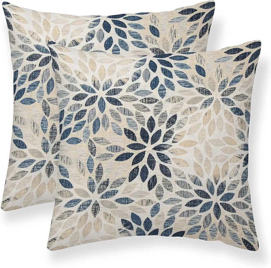 Dahlia Pillow Covers 18x18 Inch Set of 2 Summer Rust Geometric Flower Outdoor Decorative Throw Pillows Farmhouse Navy Blue Pillow Case Linen Square Cushion Cover for Home Sofa Bedroom Living Room