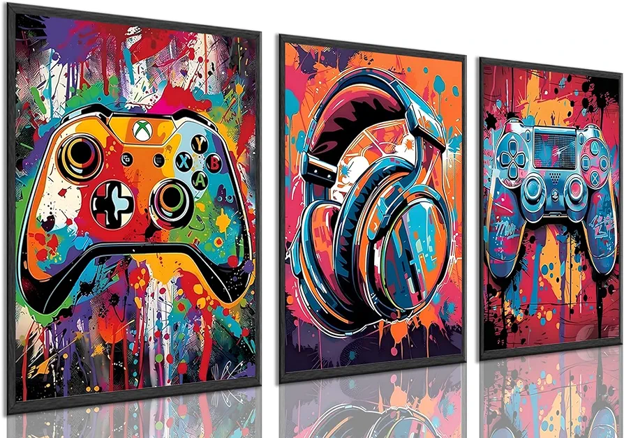 Yolbcdr Gaming Posters Video Game Wall Art 3 Pcs Gamer Wall Decor for Teen Boys Bedroom Graffiti Gamepad Headphones Canvas Prints Cool Pictures Pop Art Painting Men Room Decoration 12x16in Unframed