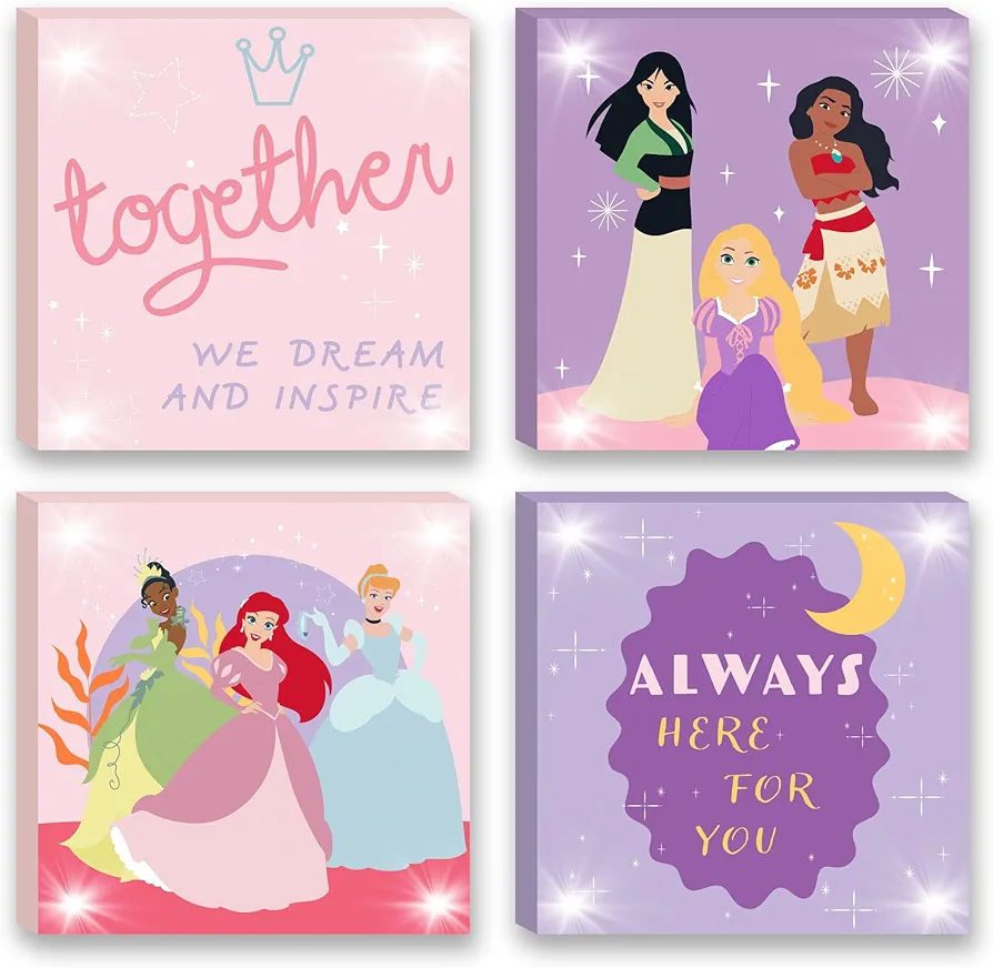 Idea Nuova Disney Princess 4 Pack Canvas LED Wall Art Set,Childrens Wall Hanging Décor,Each Piece 11"x11"