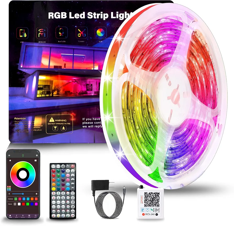 Led Lights for Bedroom 50ft (1 Roll), Color Changing RGB Led Strip Lights with 60 Keys Remote and App Control, Music Sync Led Lights for Room Kitchen Party Home Decor