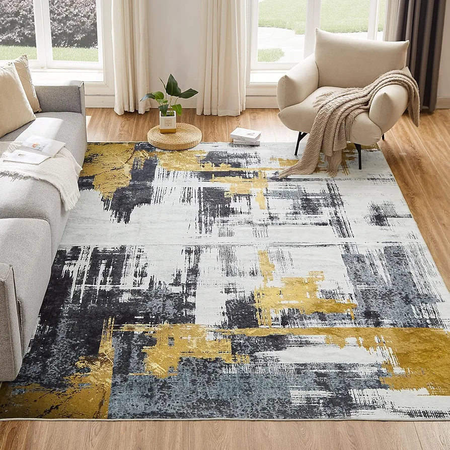 Machine Washable Rug 5'x7' Abstract Washable Area Rugs for Living Room Non Slip Rugs for Bedroom Modern Woven Rug Boho Rug Soft Carpet Kitchen Dining Rugs Home Decor Office Rug (Black)