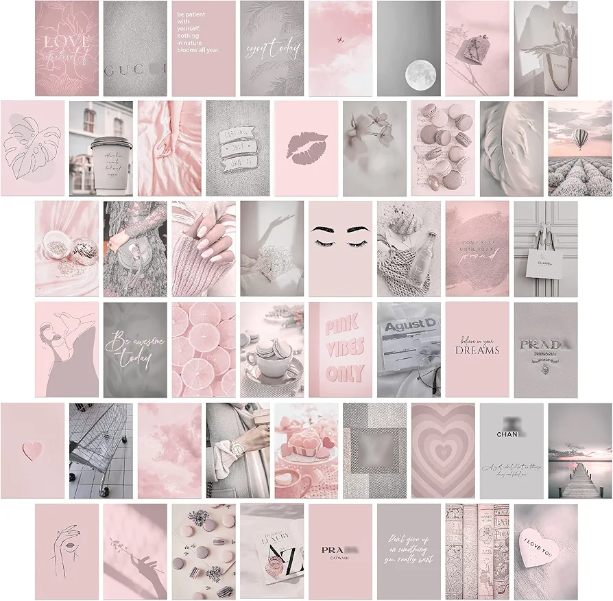 Pink Wall Collage Kit (50pcs, 4x6inch) - Pink & Grey Room Decor for Girls, Wall Decor for Bedroom, Dorm