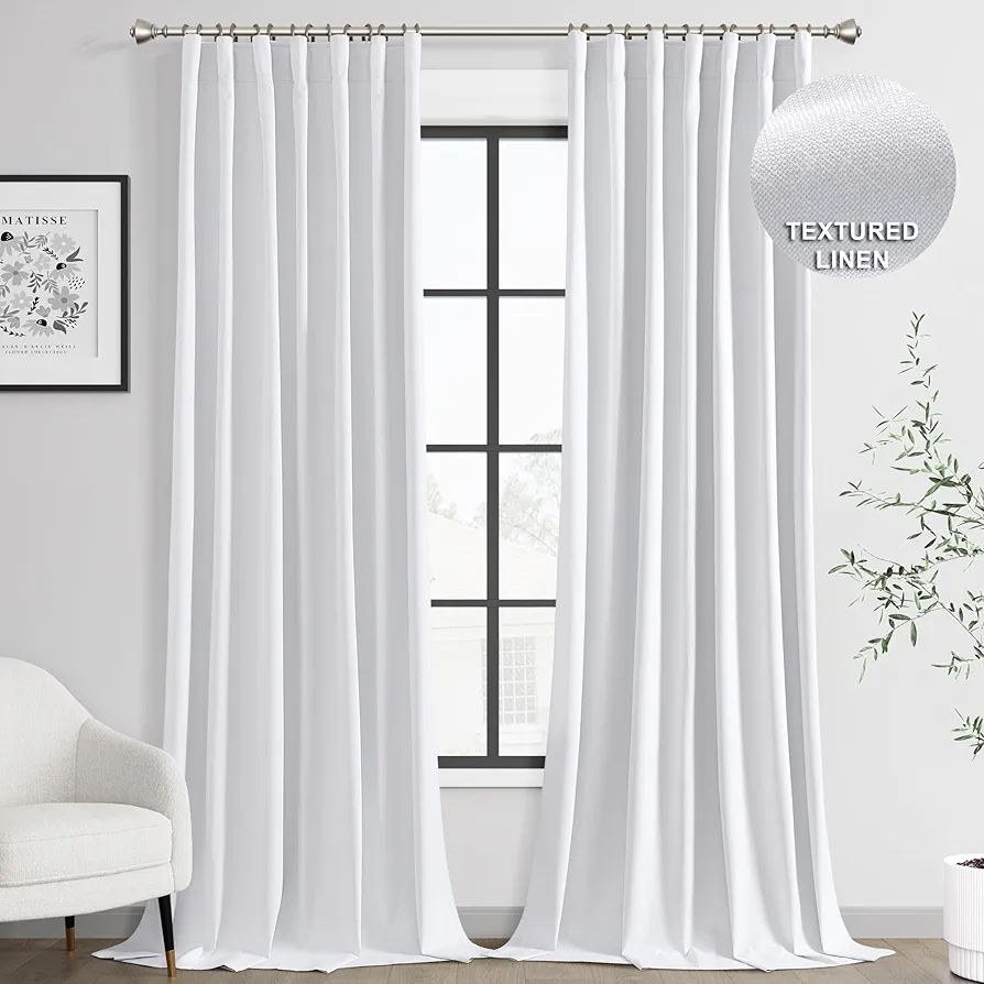 Joywell Linen 100% Blackout Curtains 102 Inches Long, Rod Pocket/Back Tab/Hook Belt/Clip Rings, Thermal Insulated Floor Length Drapes for Bedroom Dining Living Room (2 Panels,W52 x L102, White)