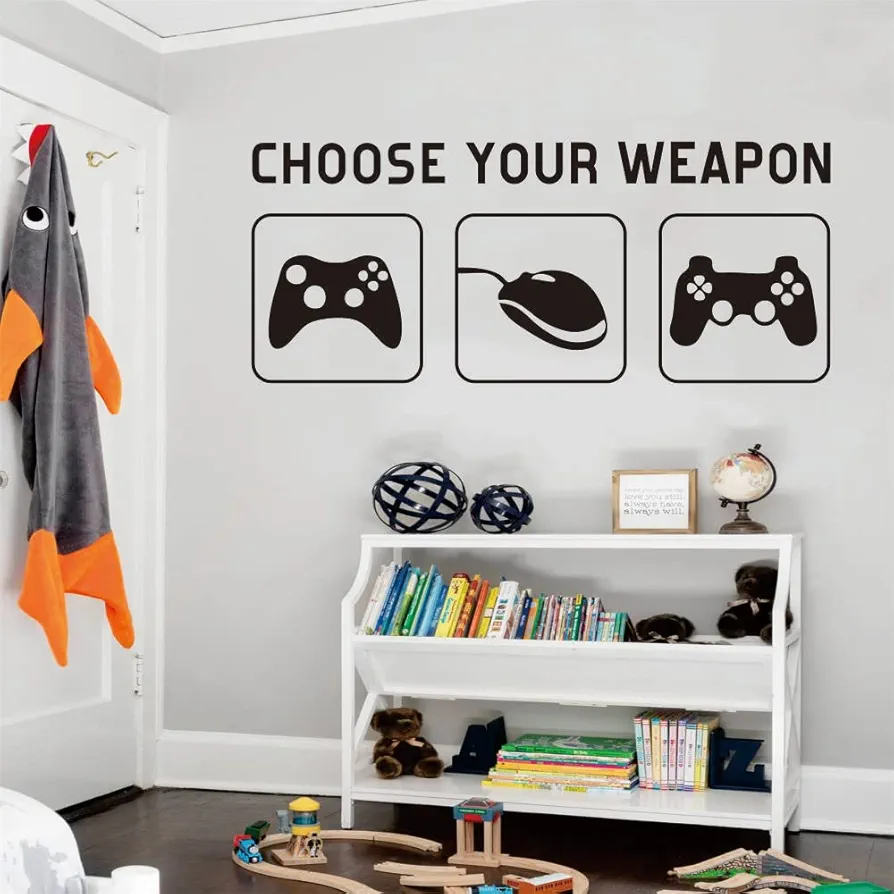 Game Controller Wall Sticker Game Wall Stickers Choose Your Weapon with Removable PVC Gaming Room Decor with Gamepad Image Effect 9"x22" (Black-JZY259-Weapon)