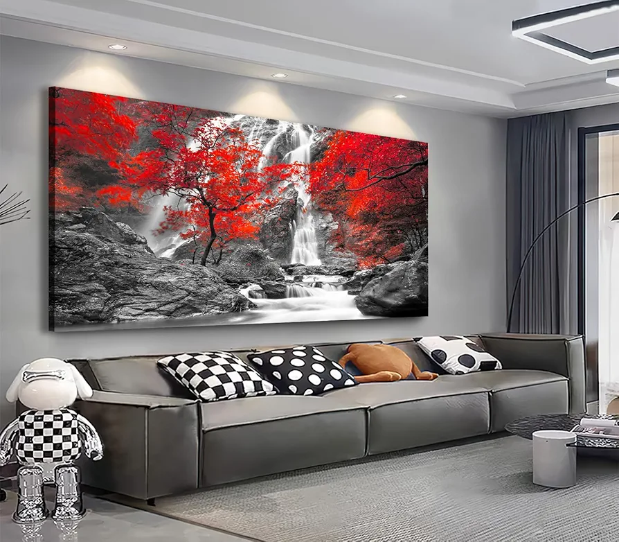 LUEAXRG Waterfall Canvas Wall Art Forest Canvas Pictures Red Maple Leaf Landscape Painting Tree Wall Decor Contemporary Artwork Prints for Living Room Bedroom Kitchen Home Office Decor 20"x 40"