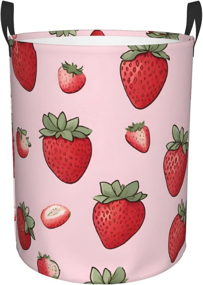 Laundry Basket with Handles M Size 62L Waterproof Collapsible Laundry Hamper Bag Storage Basket, Clothes Hamper for Laundry, Room Accessories - Strawberry pattern