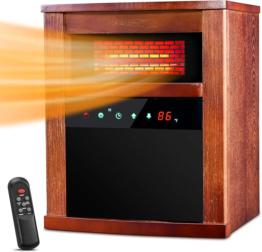 Air Choice Electric Space Heater, 1500W Infrared Heater w/ 3 Heating Mode, Thermostat, Remote Control & 12h Timer, Small Portable Room Heaters for Indoor Use, Bedroom, Office, Living Room, Dark Walnut