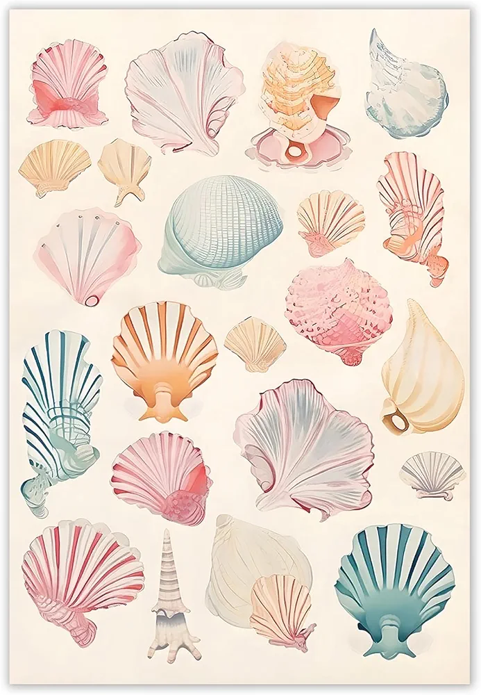 LYXNROH Fashion Surf Poster Preppy Seashells Wall Art Maximalist Coastal Cowgirl Canvas Prints Colorful Beachy Room Aesthetic for Home Bathroom Pink Teen Girls Room Wall Decor 12x16in Unframed