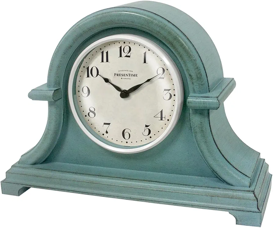 Presentime & Co. Vintage Farmhouse Mantel Clock Series, Napoleon Desk & Shelf Clock, 13 x 10 inch, Domed Lens, Quartz Movement, Aged Teal Finish (Home Decoration/Tabletop Decoration)