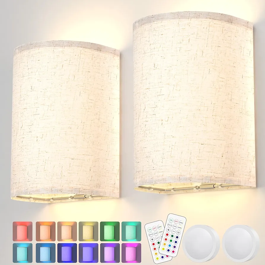 PESUTEN 2 Wall Sconce Lighting Decor Set16 RGB Colors Changeable Wall Lamp Fabric Linen Shade Wireless Dimmable Wall Lamp Fixtures Living Room Bedroom Hallway Stairway