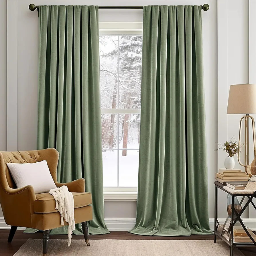 jinchan Velvet Curtain for Living Room, Sage Thermal Insulated Luxury Drape for Bedroom 96 Inch Long, Stylish Design Super Soft Privacy Room Darkening Window treatment Rod Pocket 1 Panel, Sage Green