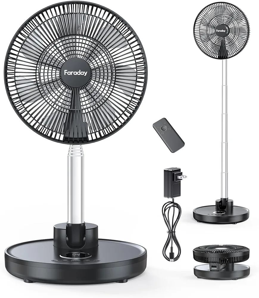 FARADAY Oscillating Standing Fan 12” Foldable Portable Quiet Floor Fan 12000mAh Rechargeable Pedestal Fan with Remote, Timer Setting, Height Adjustable Foldaway Fan for Bedroom Home Office, 6 Speed