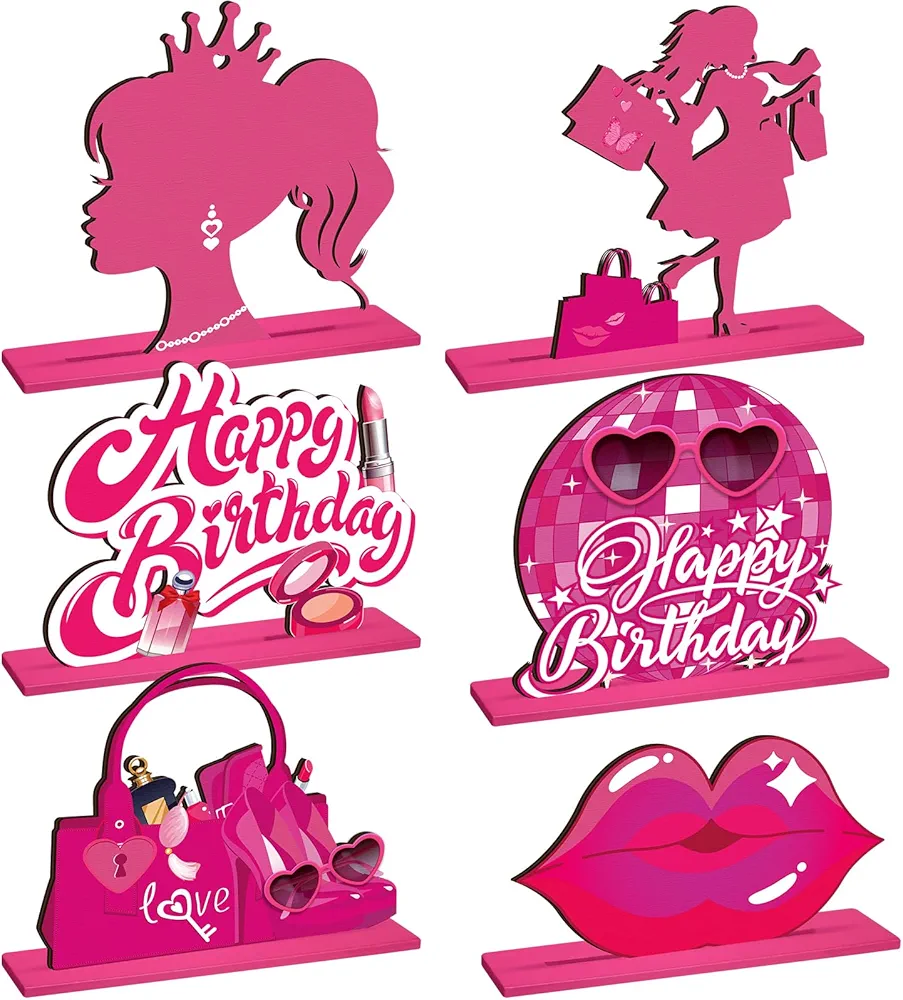 6 Pcs Pink Girl Birthday Decoration Happy Birthday Table Wood Sign Birthday Table Decorations Birthday Table Centerpiece Table Topper for Girls Room Party Photo Props Supplies, 6 Designs