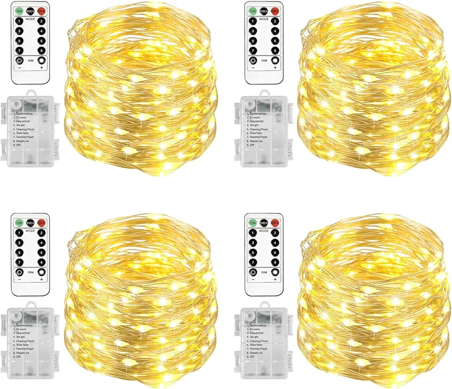 Homemory 4 Pack 20 Ft 60 LED Fairy Lights Battery Operated Christmas Lights with Remote Waterproof 8 Modes Firefly Twinkle String Lights for Party Bedroom Wedding Halloween Decorations