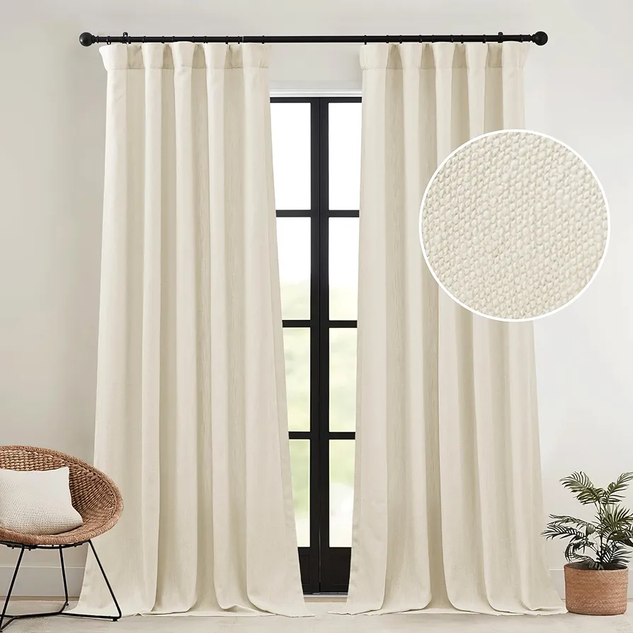 RYB HOME Thick Faux Linen Weave Textured Curtains for Bedroom Vintage Shabby Chic Light Filtering Privacy Pinch Pleated Window Drapes for Living Room, Linen, W 52 x L 96 inch, 2 Panels