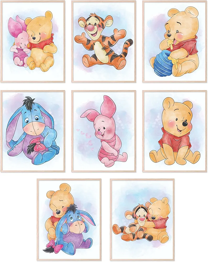 BigWig Prints Winnie the Pooh Wall Art - Winnie the Pooh Room Decor, Winnie the Pooh Wall Decor, Winnie the Pooh Nursery Decor, Winnie the Pooh Baby Shower Decor, Pooh Bear - 8 Pack (8x10) Unframed