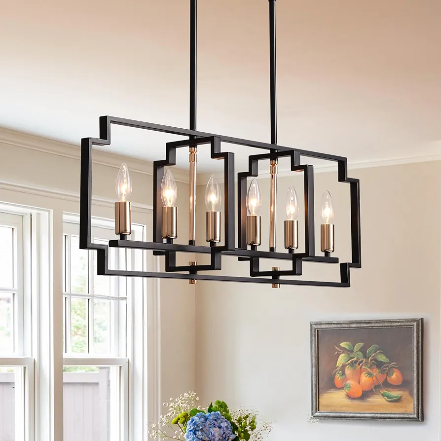 Black and Gold Modern Chandelier, 6-Light Kitchen Island Lighting Adjustable Height Rectangular Chandelier for Dining Room Living Room 31.5" x 84.6"