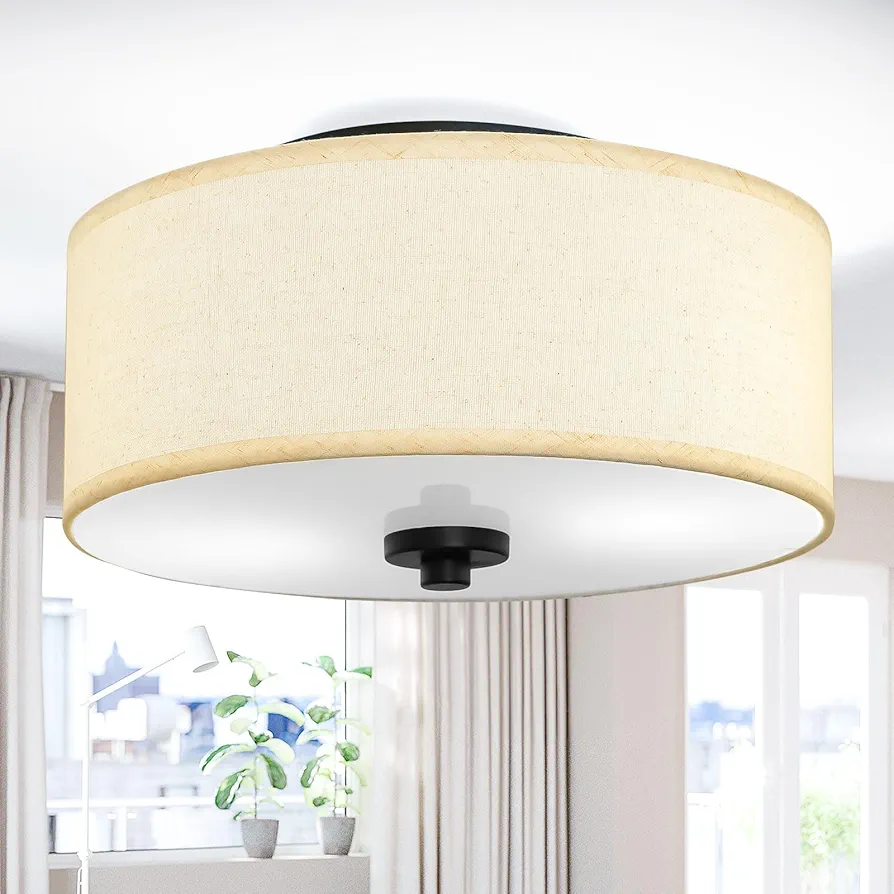 2-Light Flush Mount Ceiling Light Fixture, 12” Modern Close to Ceiling Light with Beige Fabric Drum Shade, Round Pendant Light for Bedroom Hallway Living Room Bathroom Dining Kitchen