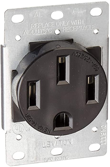 Leviton 279-S00 50 Amp, 125/250V, Nema 14-50R, 3P, 4W, Flush Mounting Receptacle, Straight Blade, Industrial Grade, Grounding, Side Wired, Steel Strap, Black