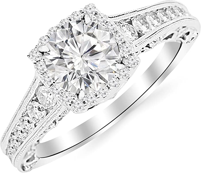 2.25 Carat 14K White Gold Vintage Halo Style Channel Set Round Brilliant Diamond Engagement Ring Milgrain with a 1.5 Carat Moissanite Center