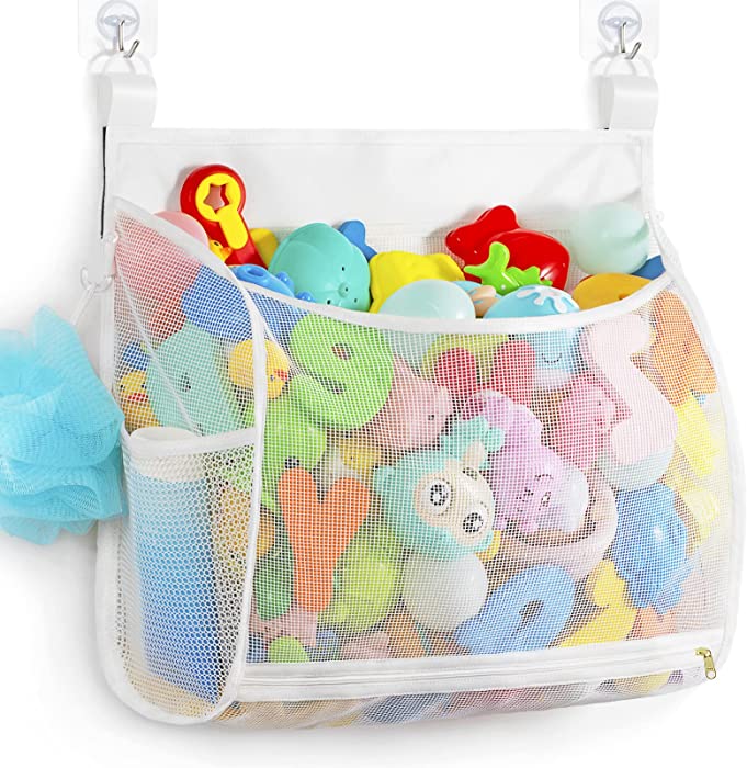 Ligereza Baby Mesh Bath Toy Organizer, Multiple Ways to Hang, Ultra Large Capacity & Large Opening, Bathroom Toy Holder, Bath Toy Storage Bag with 2 Side Pockets (Large White)