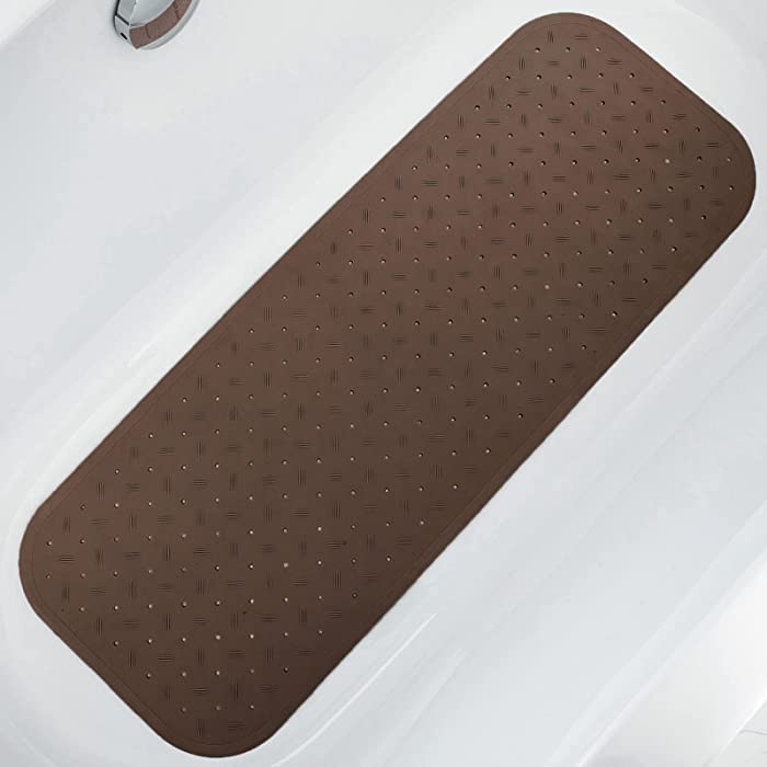 Duwenem Bath Tub and Shower Mat - Extra Long 38 x 14 Inch Non-Slip Bathtub Mats with Drain Holes and Suction Cups, Machine Washable TPE Bath Mat for Bathroom (Brown)