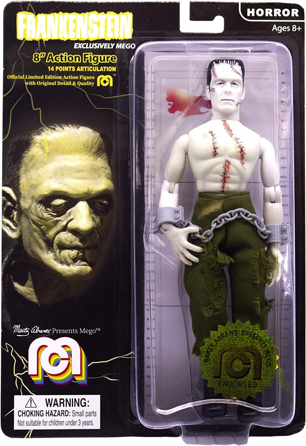 Mego Action Figures, 8” Frankenstein - Bare Chested with Painted Stitches, reconstructed with Different Body Parts (Limited Edition Collector’s Item)